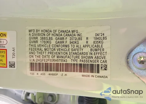 2024 Honda Civic Sport z USA, uszkodzony, nr VIN 2HGFE2F50RH575543